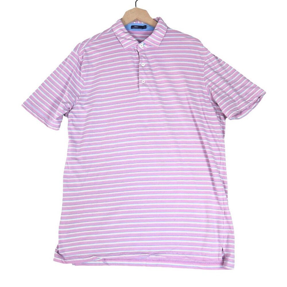 Johnnie-O Pink Blue Stripe Polo Shirt Size L  Surf Logo Beachy Preppy